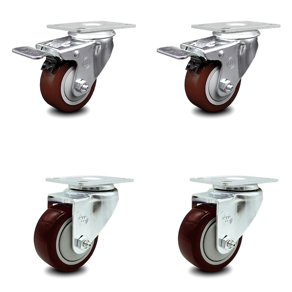3 Inch Maroon Polyurethane Wheel Swivel Top Plate Caster Total Lock Brakes, 2PK